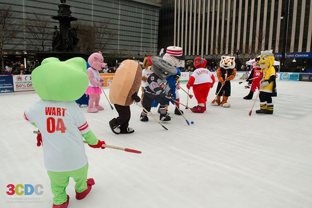SATURDAY 01
EVENT: Mascot Broomball
Want to see giant anthropomorphic Cincinnati mascots battle each other on the ice? Then head to Fountain Square for the Mascot Broomball competition where mascots including the Cincinnati Rollergirls&#146; Wooly Bully, Cincinnati Reds&#146; Gapper, the Flying Pig Marathon&#146;s Flying Pig, Rumpke Waste & Recycling&#146;s Binny and many more will face off in this annual game using a &#147;broom&#148; stick and a small ball. &#147;Comical thrills and spills&#148; are promised, as well as meet-and-greets and photo ops. 
11 a.m.-noon Saturday, Feb. 1. Free. Fountain Square, 520 Vine St., Downtown, myfountainsquare.com.
Photo: 3CDC