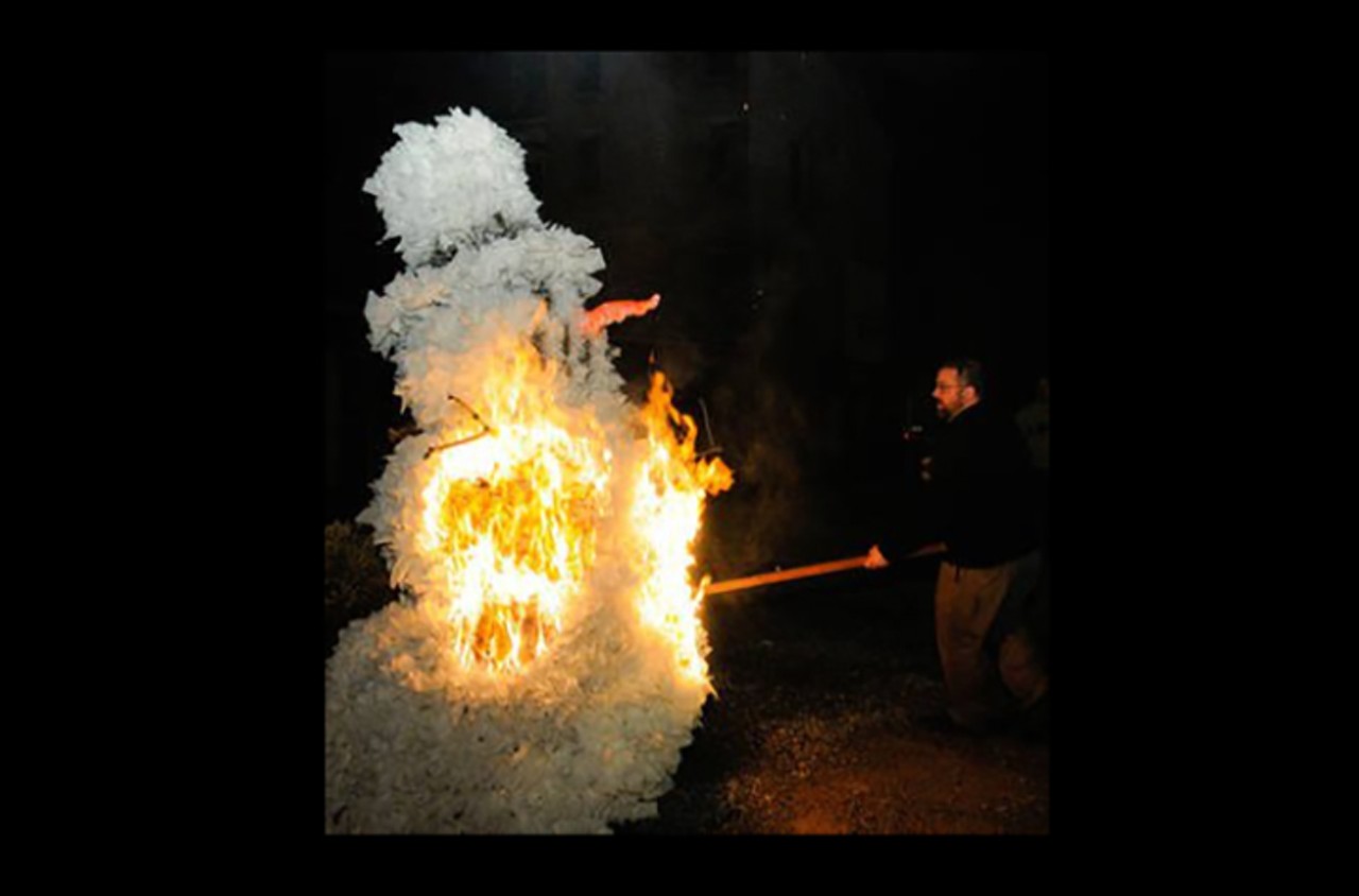 FRIDAY 21
EVENT: Precipitation Retaliation Happy Hour
Ever wanted to watch the likeness of a snowman slowly melt into ash in a glowing inferno? Come to Bockfest&#146;s annual Precipitation Retaliation Happy Hour at Milton&#146;s and gawk as avid Bockfest fans set a hiberal effigy alight, carrot nose and all. Legend goes, a Frosty-shaped victim is burned at the stake each year as an offering &#151; or warning &#151; to the weather gods after an unprecedented snowfall almost canceled the 2008 Bockfest parade and party. Since 2009, people have been lighting a snowman on fire to ward off bad weather and it has, apparently, worked. They&#146;re doing it again this year, and presumably consuming large amounts of beer afterward. 4-8 p.m. Friday, Feb. 21. Free admission. Milton&#146;s, 301 Milton St., Liberty Hill, facebook.com/bockfest. 
Photo: facebook.com/MiltonsTheProspectHillTavern