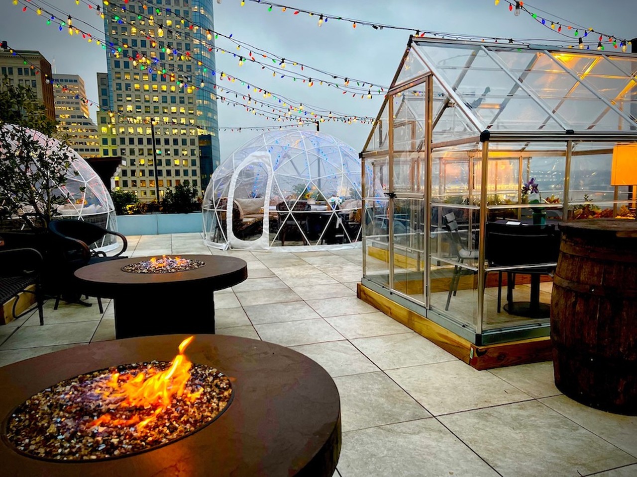 The View at Shires’ Garden
309 Vine St., 10th Floor, Downtown
The rooftop deck at Shires’ Garden has brought back its igloos and special garden greenhouses for the winter, and its also decked out in colorful holiday lights to help you live out your Hallmark movie fantasies. Their menu also has some cozy cocktails and hot drinks to keep you warm throughout the season.