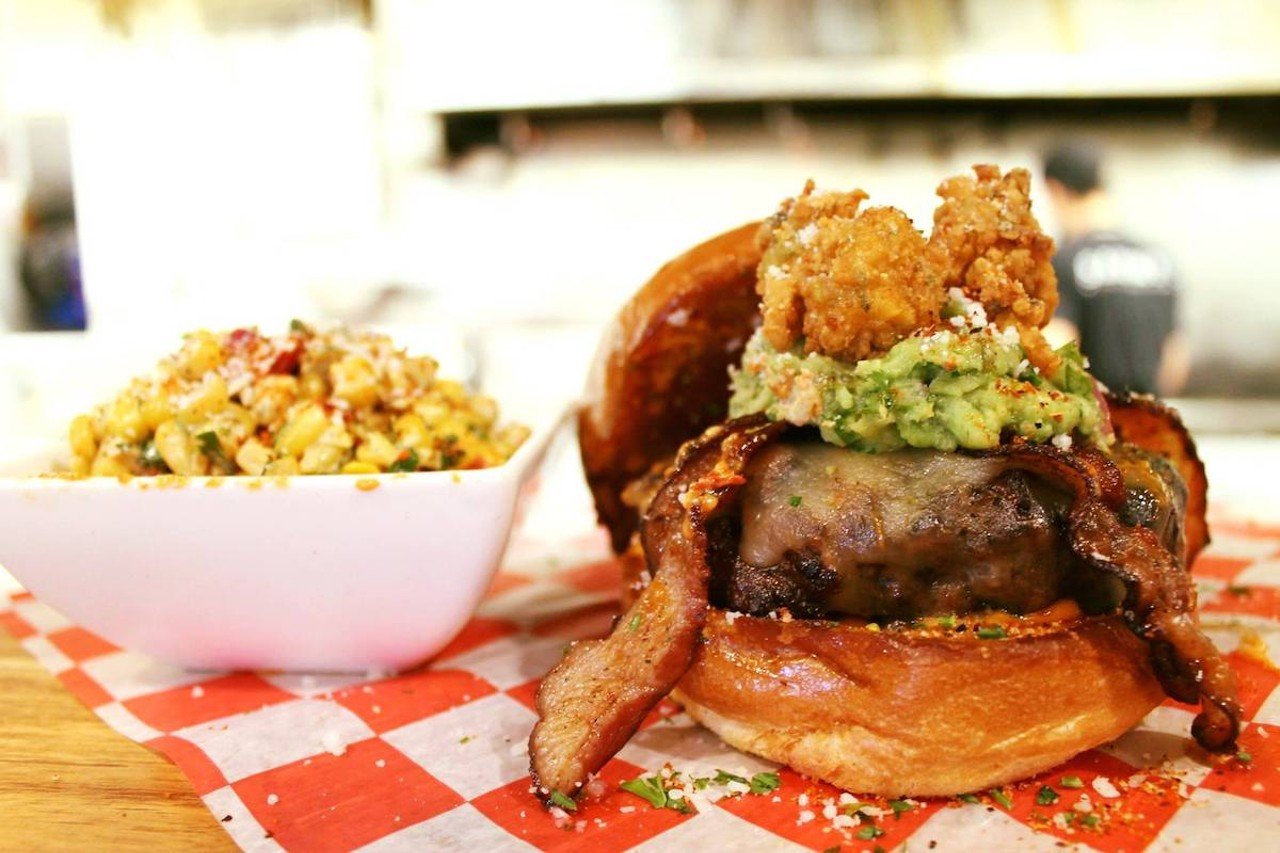 Sammy’s Craft Burgers & Beer: Anthony Muñoz Legendary Burger
4767 Creek Road, Blue Ash
Who it’s named after: Former Cincinnati Bengals offensive tackle Anthony Muñoz
The burger: The patty is made with a 50/50 blend of beef and chorizo and served on a Challah bun. It’s also topped with guacamole, bacon, pepper jack and Mexican street corn fritters and served with Mexican street corn on the cob. A portion of the proceeds from the sales go toward the Anthony Muñoz Foundation.