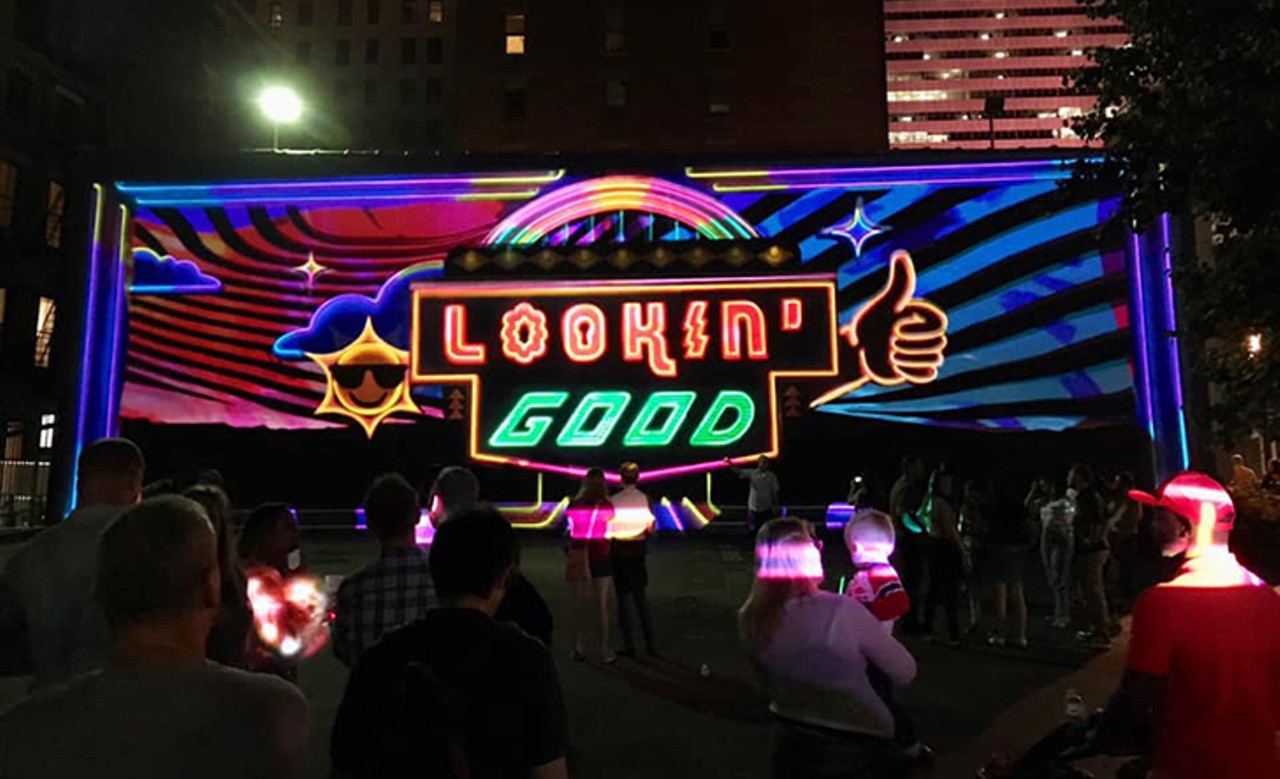 &#147;Lookin&#146; Good/Neon Flux&#148;
Perhaps the most Instagrammed mural in Cincinnati, the &#147;Lookin&#146; Good&#148; mural on Jackson Street will come alive through 30,000 lumens of light and retro neon animations. 1120 Jackson St., Over-the-Rhine.
Photo: blinkcincinnati.com
