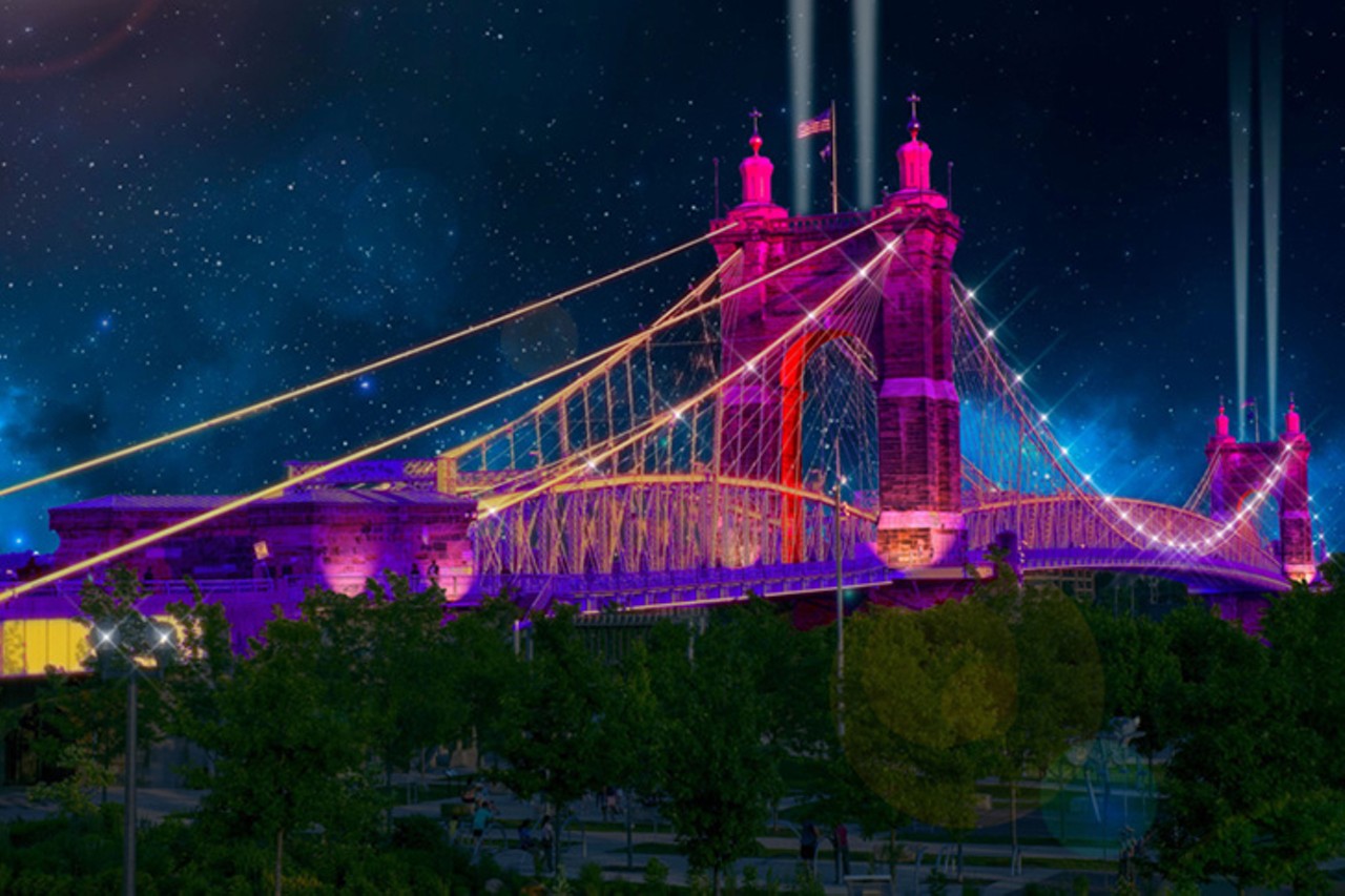 &#147;RUMBLE: A Contemporary Voice for the Bridge that Sings&#148;
The John A. Roebling Suspension Bridge is already a local icon. Add a halo of color, song and ambient sound and it will be unmissable. Created by Philadelphia-based MASARY Studios, &#147;RUMBLE&#148; will cycle through periods of gentle, ambient sound as well as seven distinct stories told through music. One of the seven is titled &#147;Johanna&#146;s Hymn.&#148; Named for John A. Roebling&#146;s wife, the tune includes vocal samples from the Cincinnati Boychoir. Take in the sight from a viewing area on the Ohio side of the river or from the bridge itself: the bridge will be accessible by foot or in Oggo e-cars &#151; the only auto traffic allowed on the bridge during BLINK. When spectators watch the bridge flow in waves of rhythmic color, the progression of movement should give the illusion that the bridge itself is creating its own joyful noise. John A. Roebling Suspension Bridge, Covington.
Photo: Provided by BLINK
