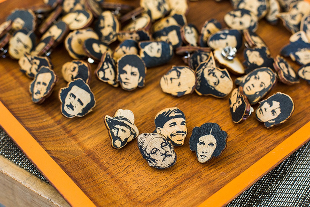 F is for Famous Faces wood pins. $5 each, MiCa 12/v, 1201 Vine St., Over-the-Rhine, shopmica.com.