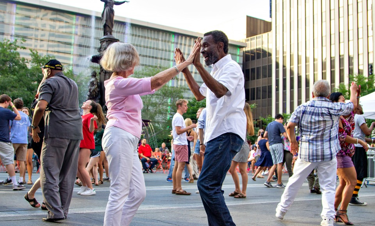 Put on Your Dancing Shoes for Salsa on the Square
520 Vine St., Downtown
Bust out your best moves or learn how to salsa every Thursday night at Fountain Square during the summer. Salsa on the Square is free and features live local and regional Latin bands that specialize in salsa, merengue, cumbia and Latin jazz. There are also large, instructor-led dance classes to help you get the moves down, and Mazunte is there to serve up tacos, tostadas and guacamole. For a refreshing drink after all the dancing, grab a margarita at Fountain Square’s full-service bar.