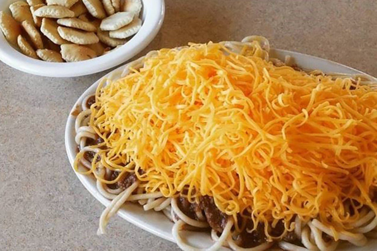  Skyline Chili 
Multiple Locations 
Skyline has been one of the pioneers of Cincinnati chili since opening in 1949. First founded by Greek immigrants, the chili parlor pours the Queen City staple over spaghetti or hot dogs and tops it with a mound of cheese, oyster crackers, and — depending on your taste preference — onions and beans. Also available are chili burritos, fries and vegetarian chili, which is made with black beans and rice.