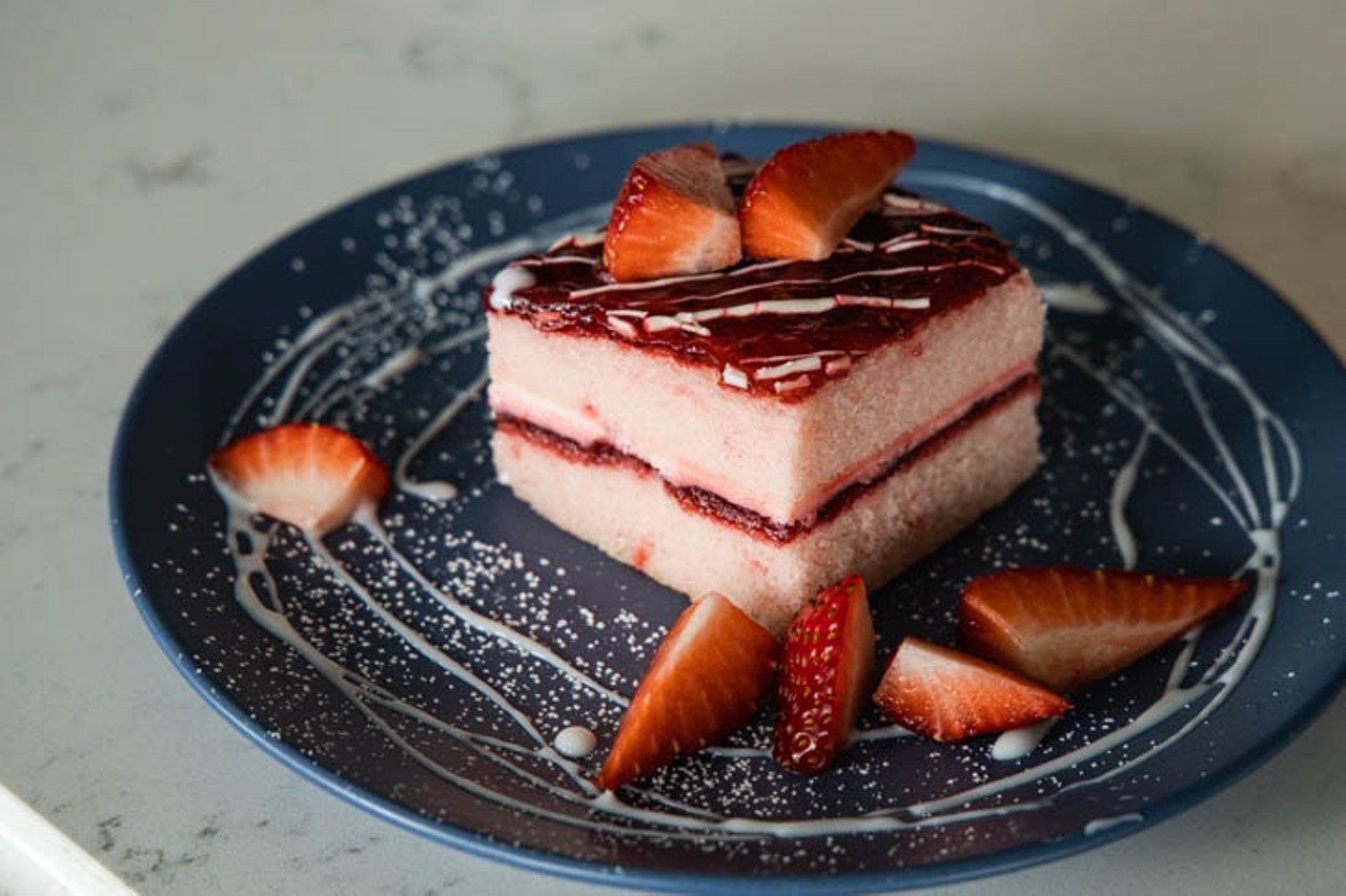 Strawberry Sensation Cake: vanilla cake with fresh smashed strawberries