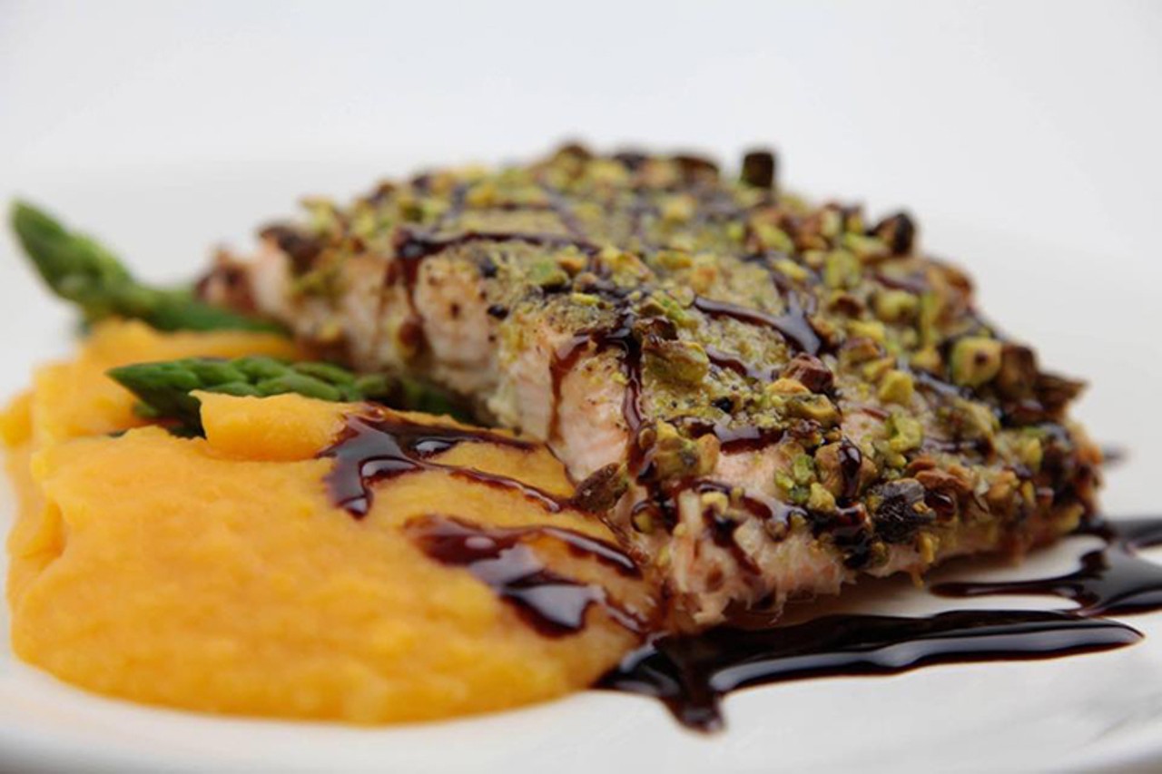 Alfio&#146;s Buon Cibo
$36 3-Course Dinner // Dine-In Only
Pistachio Crusted Salmon: With butternut squash mashed potatoes and grilled asparagus (second course option)
Photo: Provided