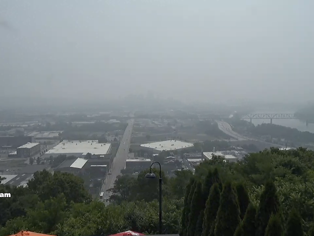 The view from Cincinnati Cam at Incline Public House on June 28 at 12:04 p.m. Levels of both ozone and tiny particles in the air is in the “unhealthy for sensitive groups” range, according to the Southwest Ohio Air Quality Agency.