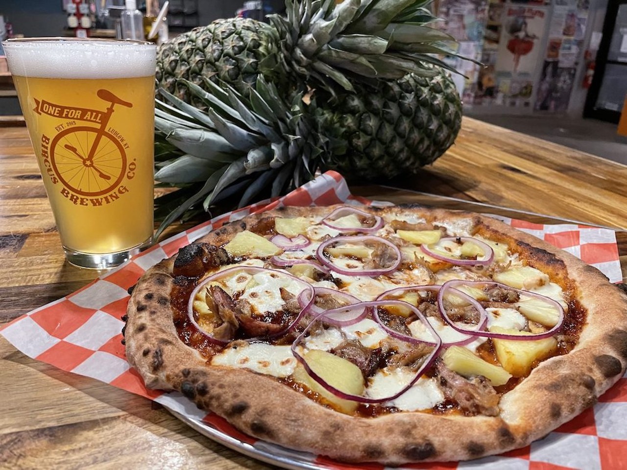 Bircus Brewing Co. & Pizzeria
322 Elm St., Ludlow
Dada Smokes BBQ Pork & Pineapple: A 12-inch pizza featuring Dada Smokes smoked pulled pork, Dada Smokes BBQ sauce, fresh pineapple, smoked mozzarella and red onion. Available at the Ludlow location only.