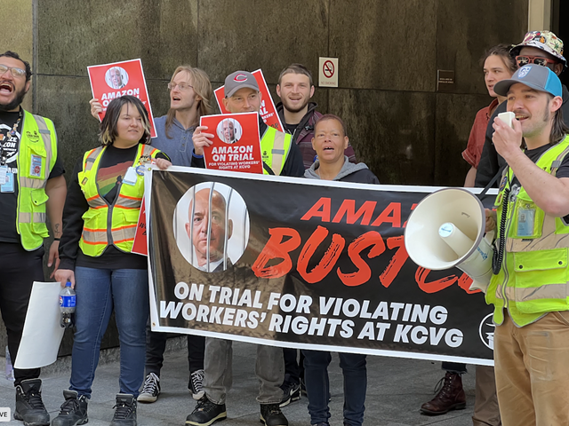 KCVG employees and union supporters rally outside the federal building in downtown Cincinnati on April 22, the first day of the National Labor Relations Board's trial against Amazon for unlawful union-busting practices.