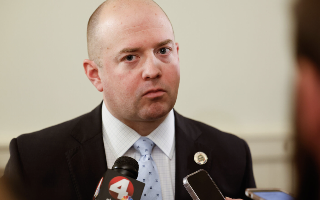 COLUMBUS, Ohio — MARCH 22: State Rep. Brian Stewart, R-Ashville, speaks to reporters after the House Constitutional Resolutions committee meeting first hearing on HJR 1 that would require 60% vote to approve any constitutional amendment, March 22, 2023, at the Statehouse in Columbus, Ohio.
