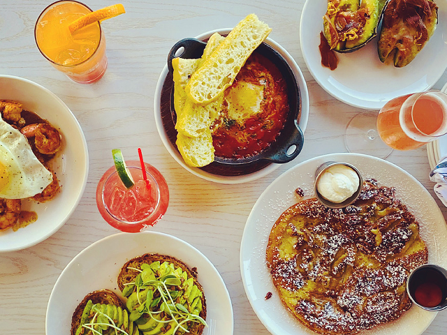 Brunch includes Italian baked eggs, skillet pancakes, shrimp and grits and a full brunch cocktail menu.