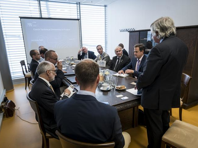 U.S. Rep. Steve Chabot, sitting at center of right side of table, and other members of Congress meeting with Czech Tech officials in Prague in August
