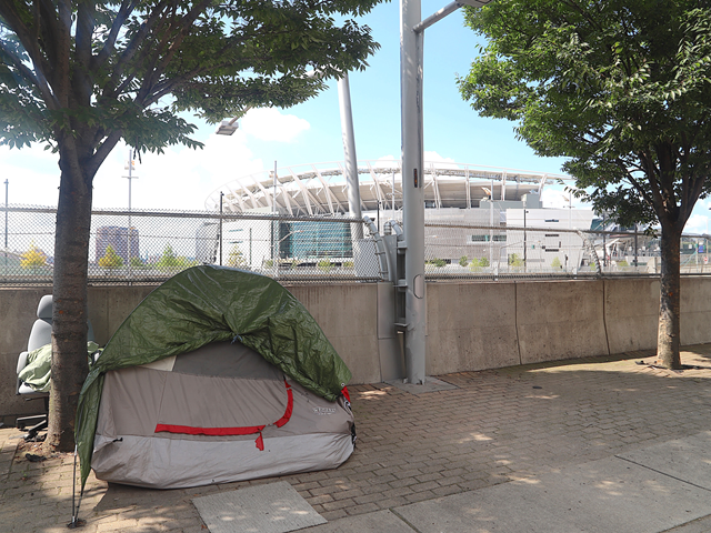 Part of a camp set up by people without homes along Third Street
