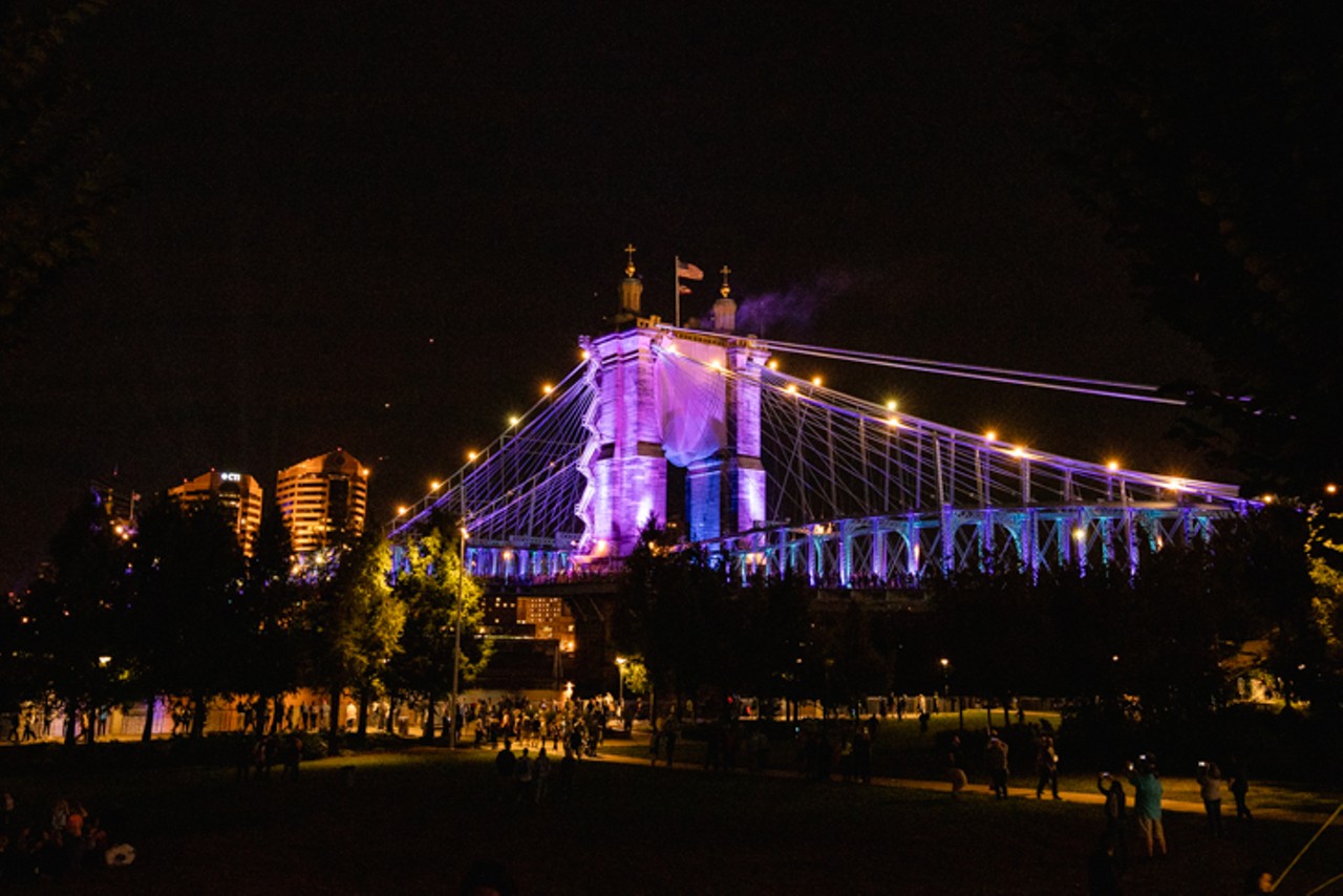 The Roebling Bridge has been reimagined in an explosion of color and sound via &#147;RUMBLE: A Contemporary Voice for the Bridge that Sings,&#148; the fruit of a partnership between Brave Berlin, Vincent Lighting Systems and MASARY Studios. It is closed to automobile traffic for the duration of the fest.