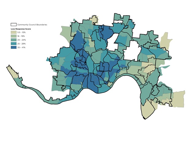Predicted U.S. Census low response scores by Cincinnati neighborhood. The LRS is the expected percentage of people who do not respond to the mailed Census form.