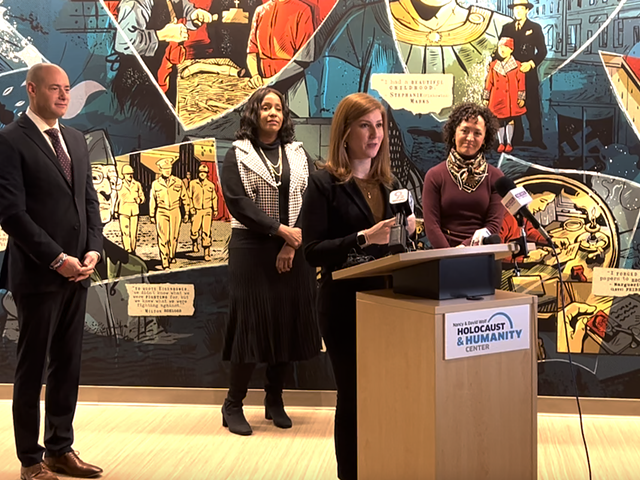Jackie Congedo, chief external relations and community engagement officer for the Holocaust & Humanity Center, addresses reporters on Jan. 3 as rising cases of antisemitism prompt the museum to offer free admission for the month of January.