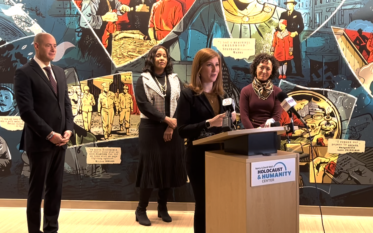 Jackie Congedo, chief external relations and community engagement officer for the Holocaust & Humanity Center, addresses reporters on Jan. 3 as rising cases of antisemitism prompt the museum to offer free admission for the month of January.