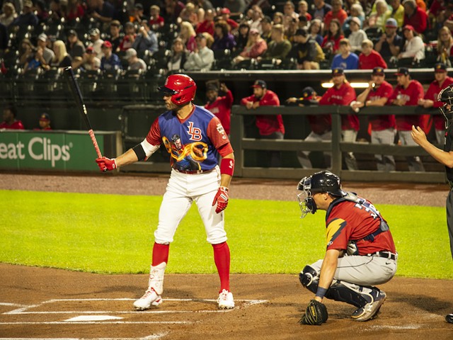 Cincinnati Reds' first baseman Joey Votto prepares to take a swing in a Doctor Strange jersey during a rehab assignment with the Louisville Bats on May 14, 2022.