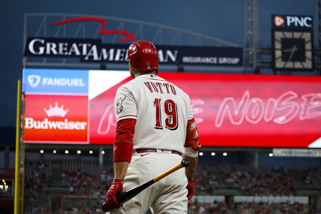 Joey Votto steps up to bat in the bottom of the seventh inning during the Cincinnati Reds' game against the Cleveland Guardians on Aug. 15, 2023.