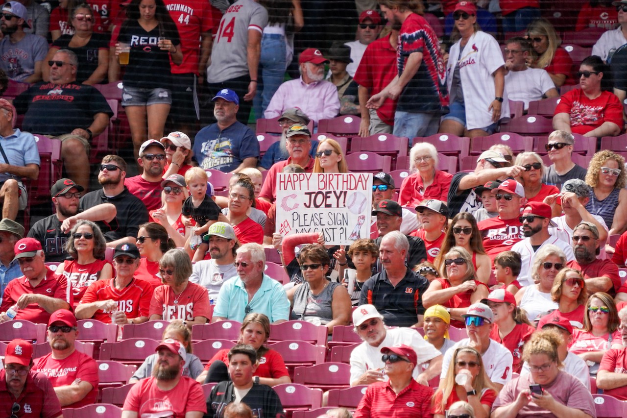 A fan holds a sign wishing Joey Votto happy birthday | Cincinnati Reds vs. St. Louis Cardinals | Sept. 10, 2023