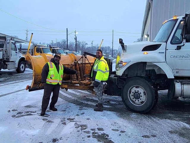 Crew members from Cincinnati's Department of Public Services prepare to plow the streets on Feb. 4, 2022.