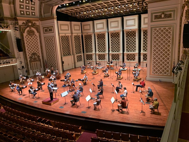 CSO acoustic testing at Music Hall. Louis Langrée at the podium with members of the CSO, rehearsing a Mozart piano concerto with Michael Chertock at the keyboard.