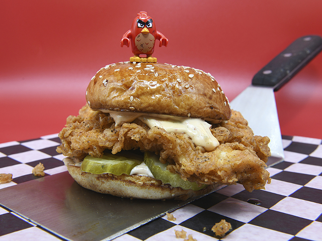 The Angry Bird sandwich: Chicken breaded with Cluck’s secret spice blend, pickle chips, Cluck sauce