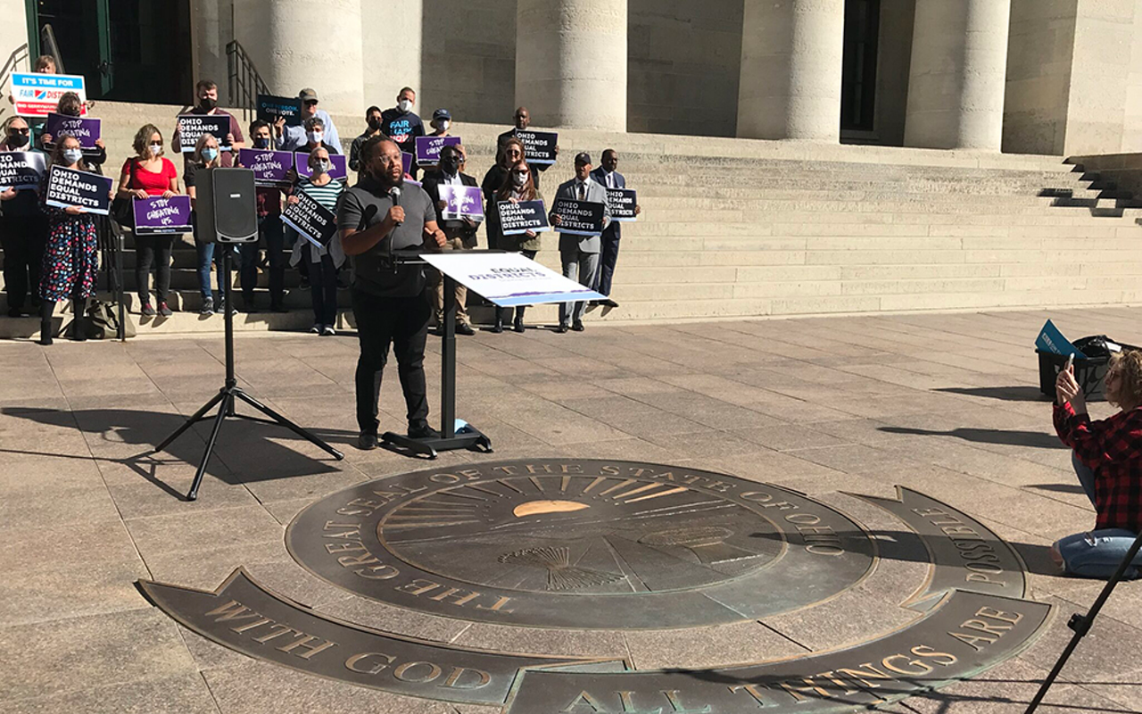 Prentiss Haney, co-executive director of the Ohio Organizing Collaborative, speaks at a rally for the Equal Districts Coalition. The coalition stood on the steps of the state capitol to urge public hearings on congressional redistricting.