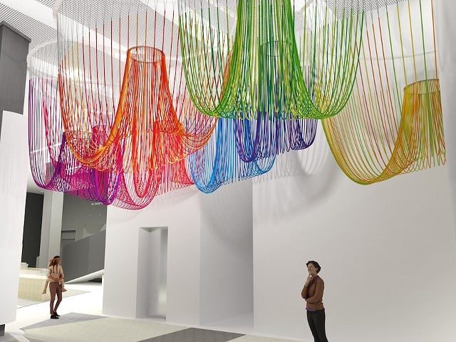 A rendering of SOFTlab's installation in the Dr. Stanley & Mickey Kaplan Hall Lobby of the Contemporary Arts Center, set to be unveiled in October.
