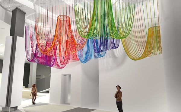A rendering of SOFTlab's installation in the Dr. Stanley & Mickey Kaplan Hall Lobby of the Contemporary Arts Center, set to be unveiled in October.