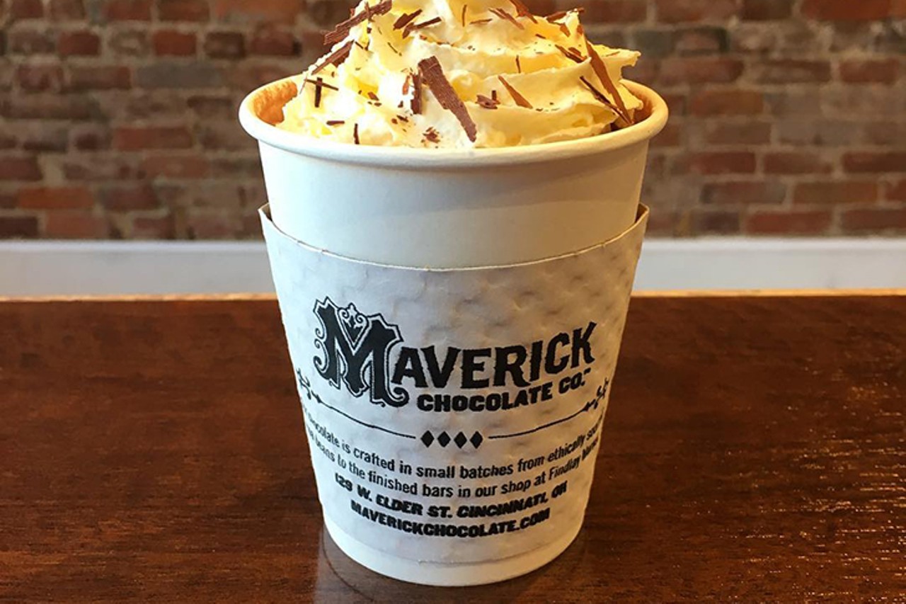 Maverick Chocolate Co.
129 W. Elder St., Findlay Market, Over-the-Rhine
Maverick&#146;s &#147;drinking chocolate&#148; makes cocoa with their in-house drinking chocolate mix (65 percent dark chocolate) and whole milk. In the French style, this drinking chocolate is topped with fresh whipped cream and chocolate shavings (add marshmallows for 50 cents). It&#146;s more bitter than its counterparts and could only be rivaled by Willy Wonka&#146;s chocolate river. Located in Findlay Market, it will make you feel like royalty. Or Augustus Gloop. Either way, it&#146;s magical. You can even buy a bag of mix to make your own at home.
Photo via Facebook.com/MaverickChocolate