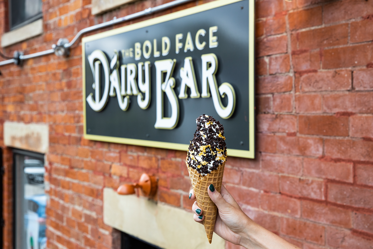 Bold Face Dairy Bar
801 Mt, Hope Ave., E. Price Hill
This walk-up urban creamy whip opened in 2018. Helmed by the Grear and Harkins family, the menu includes floats, shakes, gourmet ice pops, smoothies and flurries in addition to soft serve. Cones come in vanilla, chocolate or swirl with toppings like sea salt, sprinkles and chocolate sauce, but where things really get creative are their flavor swirls. Among additions like lavender, pistachio and chai tea is bourbon barrel stout, a unique Kentucky-style stand-out.