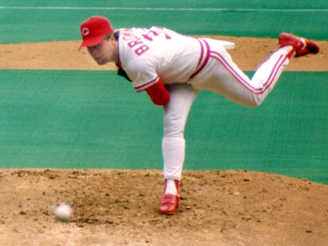 Tom Browning pitches for the Cincinnati Reds at Riverfront Stadium in 1991.