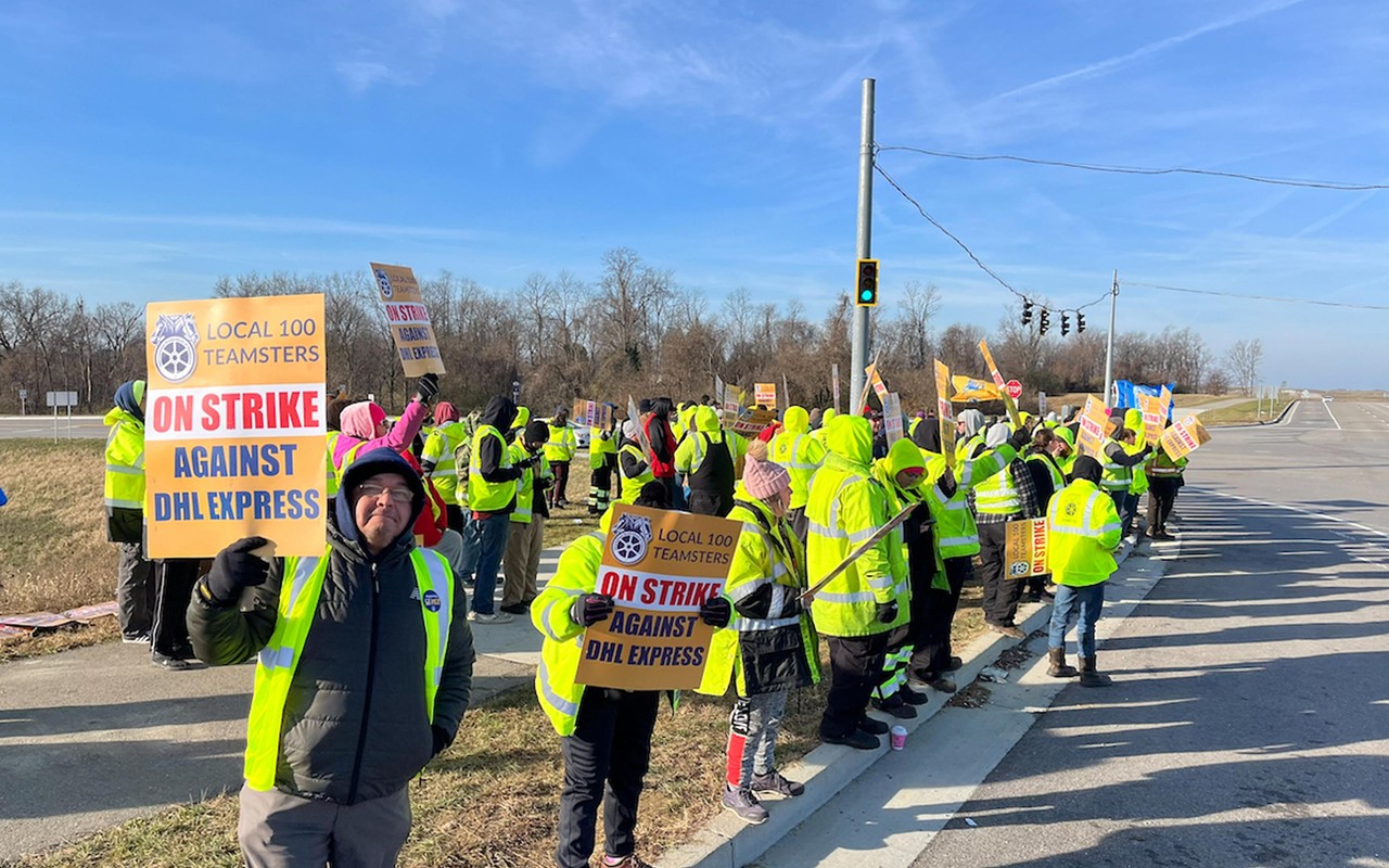 Ramp and tug workers picket outside DHL Express at CVG in Hebron, Kentucky on Dec. 7.