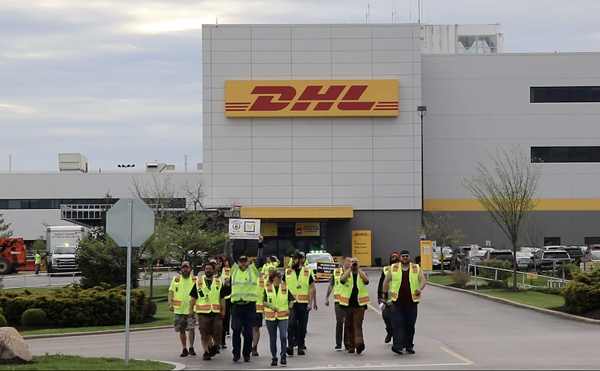 Workers organizing to join the Teamsters union at DHL-CVG rally outside of the DHL hub in Hebron, Kentucky on April 14, 2023.