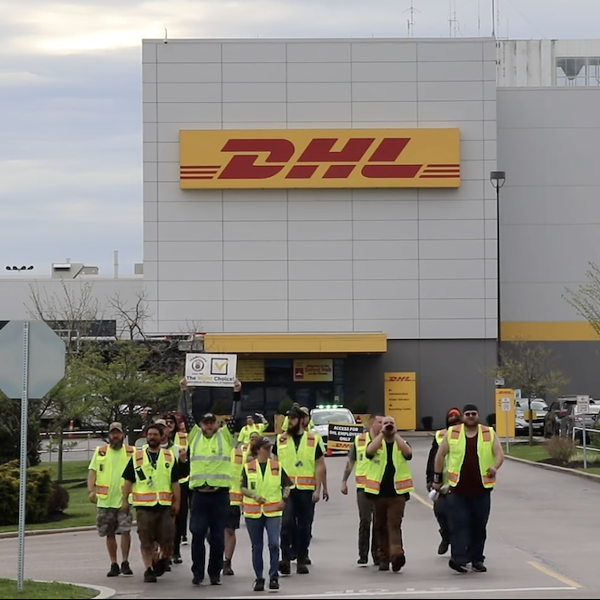Workers organizing to join the Teamsters union at DHL-CVG rally outside of the DHL hub in Hebron, Kentucky on April 14, 2023.