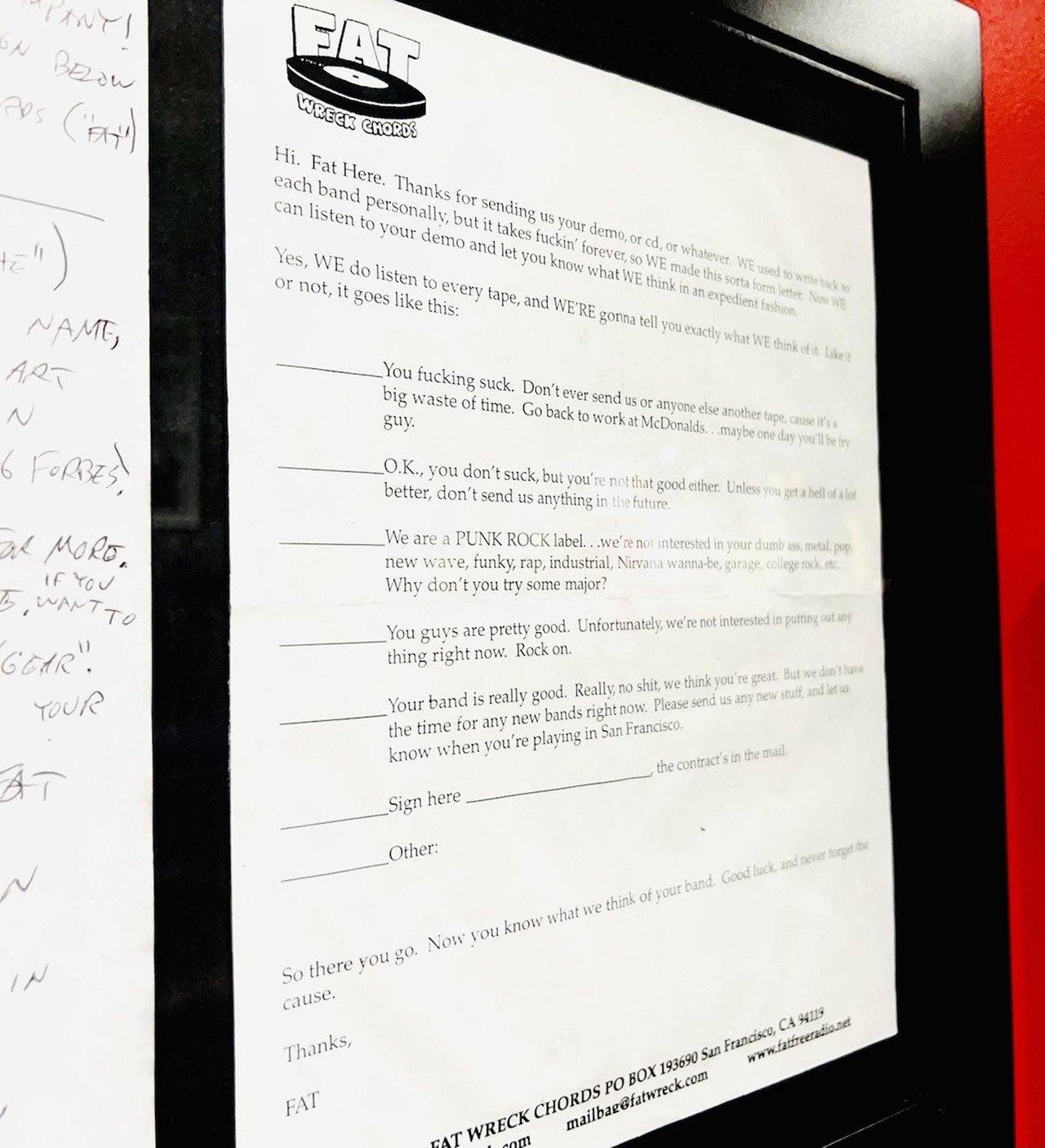 Official Fat Wreck Chords response letter | The Punk Rock Museum in Las Vegas, Nevada