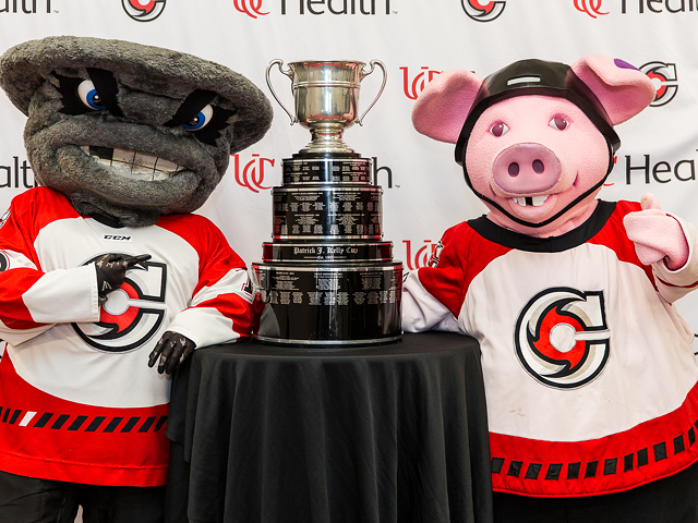 Twister (left), Puckchop and the rest of the Cincinnati Cyclones want the Kelly Cup again.