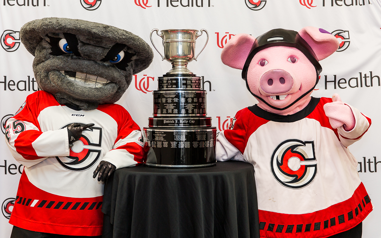 Twister (left), Puckchop and the rest of the Cincinnati Cyclones want the Kelly Cup again.