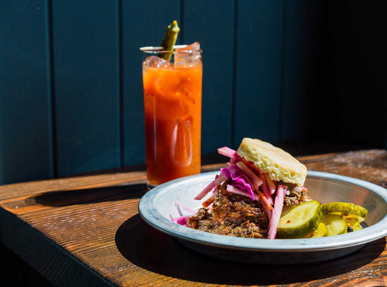 The Sutter’s Mill sandwich, with barbecue short rib, and a Boomtown Bloody
