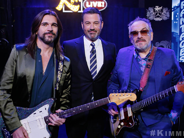 (Left) Juanes and (right) Elvis Costello performed "Pump It Up" for Jimmy Kimmel recently.