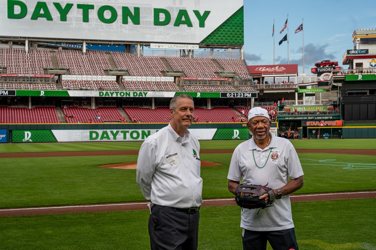 Dayton Dragons general manager Robert Murphy (left) and Dayton mayor Jeffrey Mims appear before the Cincinnati Reds' game against the Miami Marlins on July 27, 2022.