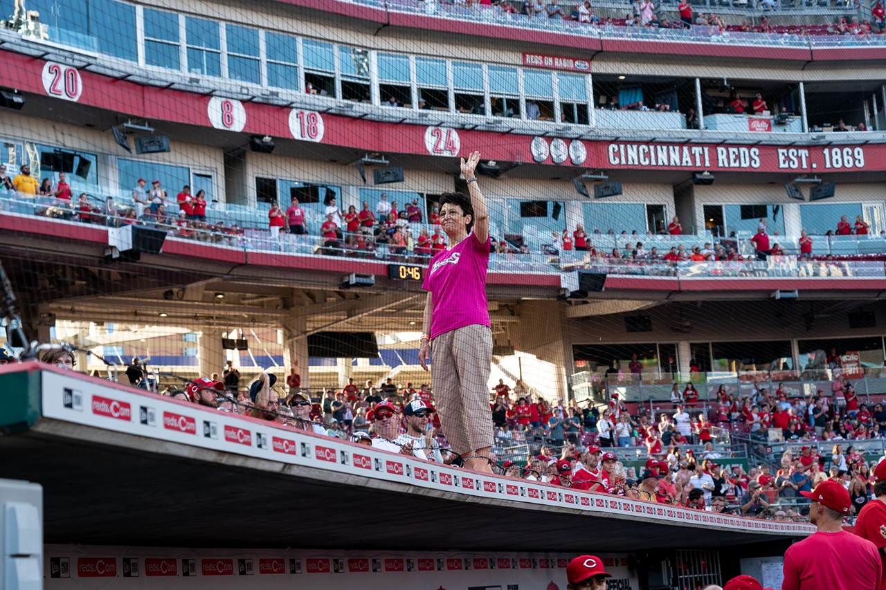Retired U.S. Air Force colonel and Dayton hometown hero Dr. Cassie B. Barlow waves before the Cincinnati Reds' game against the Miami Marlins on July 27, 2022.