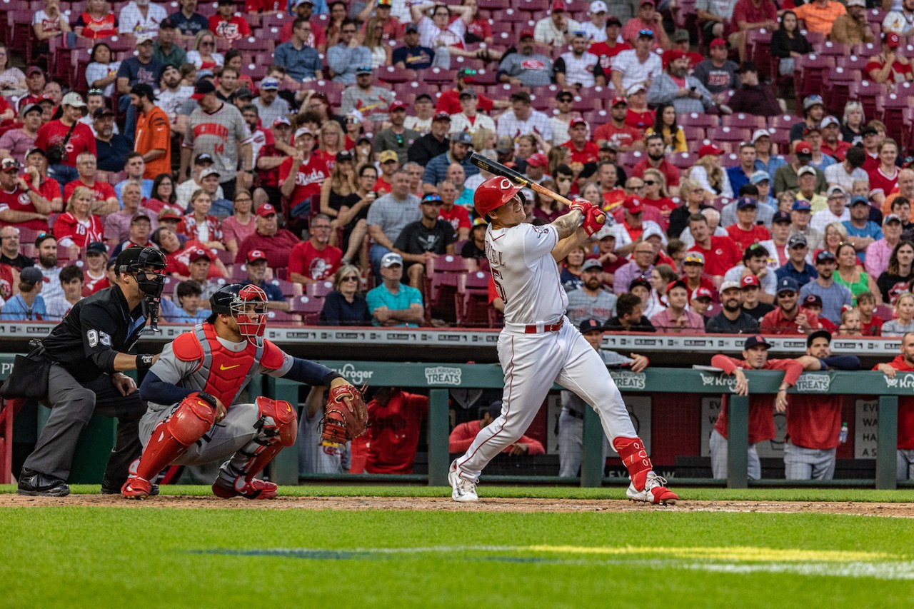 Nick Senzel up to bat during the Cincinnati Reds' game against the St. Louis Cardinals on May 23, 2023.
