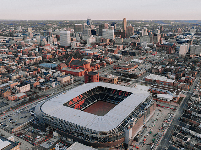 FC Cincinnati's West End Stadium with the city in the background