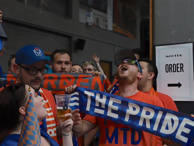 Fans celebrate during the announcement of FC Cincinnati's acceptance into Major League Soccer at Rhinegeist Brewery.