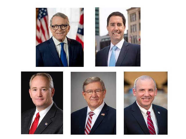The Republican majority members of the Ohio Redistricting Commission. Top row from left: Ohio Gov. Mike DeWine and Secretary of State Frank LaRose. Bottom row from left: Ohio Auditor Keith Faber, House Speaker Bob Cupp, and Senate President Matt Huffman.