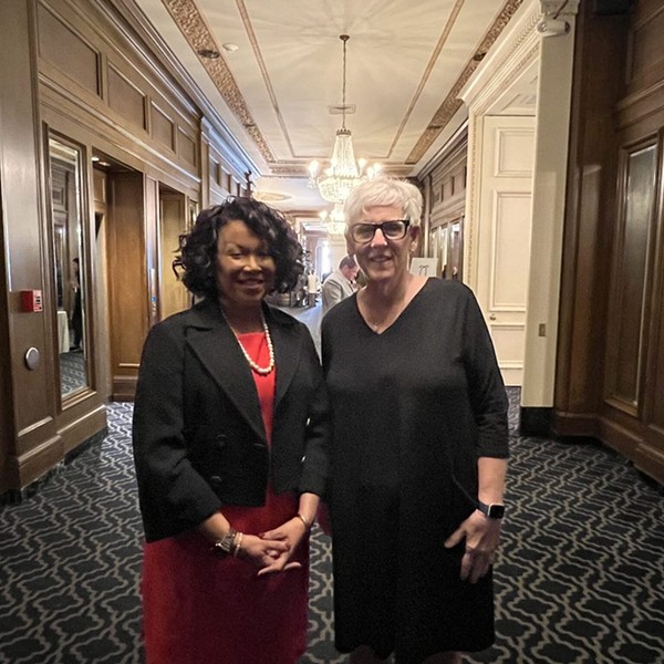 Former Ohio Supreme Court Justices Yvette McGee Brown and Maureen O’Connor stand outside a room at the Columbus Athletic Club, where they pushed for support of a ballot initiative to reform redistricting. The former justices want to see changes that increase transparency in redistricting, and prevent the stranglehold of a supermajority on Ohio.