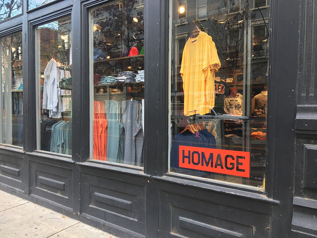 HOMAGE
1232 Vine St., Over-the-Rhine
Whether you’re shopping for a loyal UC Bearcat, dedicated OSU Buckeye or die-hard Xavier Muskie, HOMAGE has the gear to represent their favorite Ohio team, plus duds dedicated to the Bengals, Reds and FC Cincinnati. You’ll also find super-soft shirts, sweatshirts and hats repping Cincinnati classics, like Uncle Woody’s, Skyline, Little Kings and Kings Island, all designed in a vintage style. Not a sports fan? HOMAGE also sells clothing with pop culture references
from classic ’80s movies to shows like The Office.